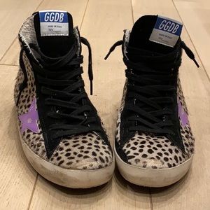 Golden goose high top zip sneakers cheetah print.